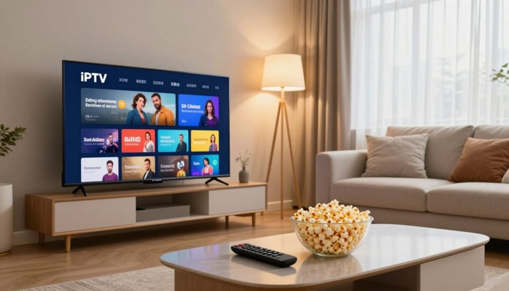 A high-definition IPTV setup in a modern living room, showcasing a sleek smart TV displaying colorful streaming options. In the foreground, a stylish coffee table with a remote control and a bowl of popcorn, enhancing the cozy atmosphere. The middle ground features a comfortable sofa with plush cushions, and soft lighting emanating from a nearby floor lamp creates a warm glow. In the background, large windows allow natural light to filter in, adorned with sheer curtains. The overall mood is inviting and luxurious, highlighting the premium quality of the IPTV service. The camera angle is slightly elevated, offering a clear view of the TV screen and the inviting environment, emphasizing the theme of high-definition entertainment.