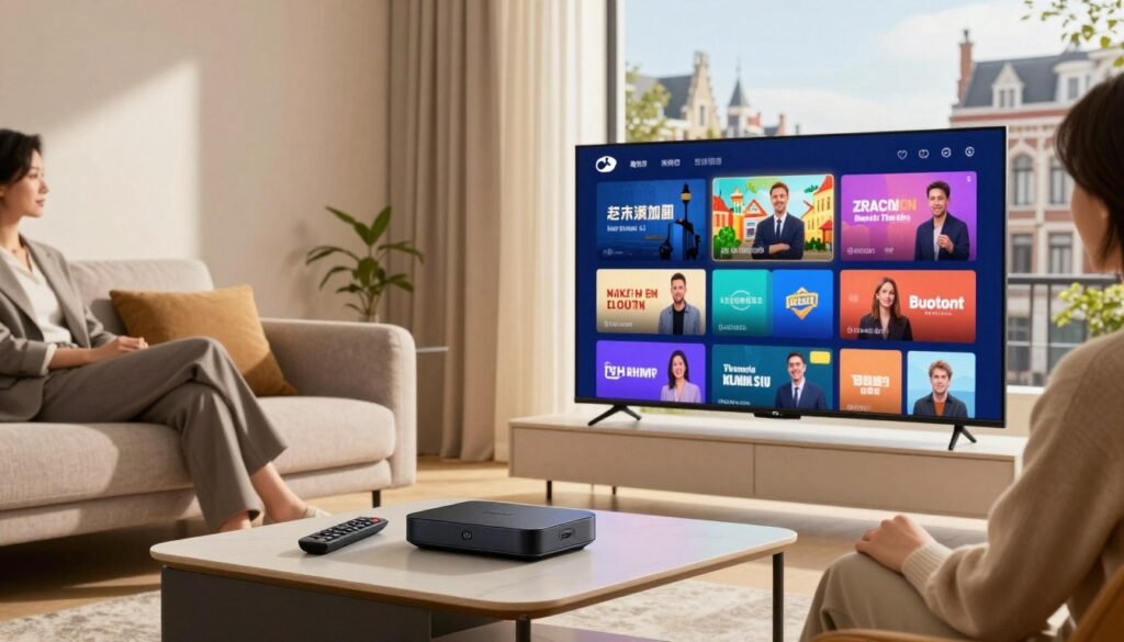 A modern living room in Belgium, showcasing a sleek IPTV setup with a large flat-screen television displaying a colorful selection of streaming options. In the foreground, a stylish coffee table holds a small device representing internet connectivity, along with a remote control. The middle ground features a cozy sofa with a person wearing professional business attire, intently browsing content on the TV. The background includes a window revealing a scenic view of a Belgian city, bathed in warm, natural sunlight that fills the room, creating an inviting atmosphere. Capture the essence of contemporary home entertainment and the convenience of internet TV in a vibrant, engaging composition, without any text or branding elements.