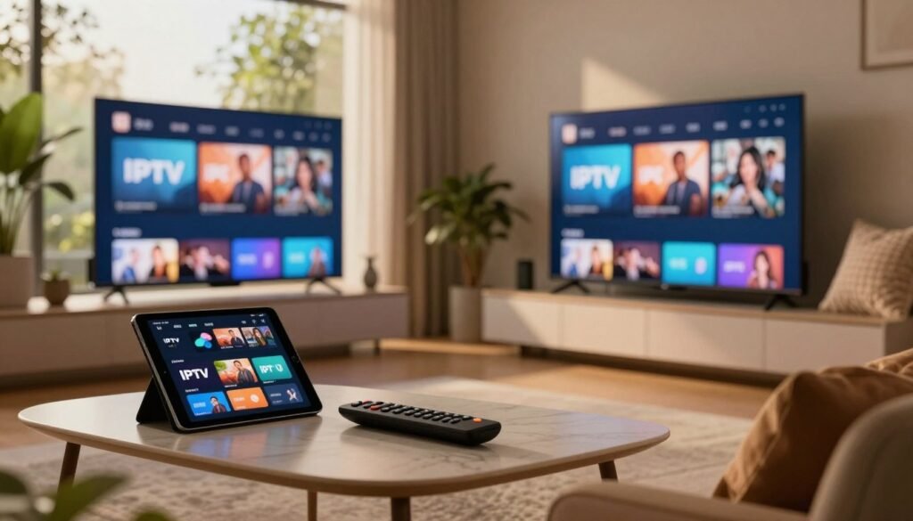 A sleek, modern living room featuring a high-definition television displaying vibrant IPTV content. In the foreground, a stylish coffee table with a remote control and a tablet showcasing IPTV apps. In the middle, a plush sofa with a few decorative cushions, emphasizing comfort and connectivity. The background includes a large window letting in warm, natural light, with lush greenery visible outside. The atmosphere is cozy and inviting, creating a sense of premium quality and stability. Use soft, warm lighting to enhance the inviting mood and a slight angle to the scene, capturing depth and perspective. Aim for a realistic style, focusing on texture and detail in the furnishings and technology.