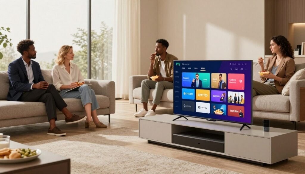 A sleek, modern living room featuring a high-tech IPTV setup. In the foreground, a stylish television displays a vibrant, colorful interface showing various streaming channels, surrounded by a minimalist entertainment center. The middle layer includes a comfortable couch, where a diverse group of three professionals—two men and one woman—are casually discussing the IPTV service while enjoying snacks. They are dressed in smart casual attire. In the background, large windows allow natural light to flood the room, creating a warm and inviting atmosphere. The overall mood is collaborative and engaging, showcasing the convenience and enjoyment of using IPTV services. Soft, diffused lighting accentuates the sophistication of the space.