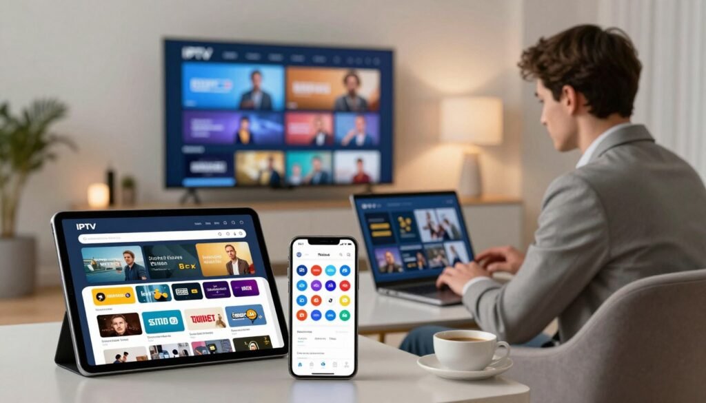A visually striking comparison image of IPTV services in Belgium for 2026, featuring a clean and modern layout. In the foreground, display tablets and smartphones showcasing vibrant streaming interfaces, highlighting 4K resolution with an array of colorful channel logos. In the middle ground, incorporate a professional-looking individual, dressed in business attire, analyzing data on a laptop, exuding a sense of expertise and trust. The background should feature a sleek, contemporary living room setup with a large screen displaying an IPTV menu, illuminated by soft, ambient lighting to create a cozy atmosphere. Use a lens perspective that enhances the depth of the scene, making it inviting yet informative, perfect for an article illustration. A visually striking comparison image of IPTV services in Belgium for 2026, featuring a clean and modern layout. In the foreground, display tablets and smartphones showcasing vibrant streaming interfaces, highlighting 4K resolution with an array of colorful channel logos. In the middle ground, incorporate a professional-looking individual, dressed in business attire, analyzing data on a laptop, exuding a sense of expertise and trust. The background should feature a sleek, contemporary living room setup with a large screen displaying an IPTV menu, illuminated by soft, ambient lighting to create a cozy atmosphere. Use a lens perspective that enhances the depth of the scene, making it inviting yet informative, perfect for an article illustration.
