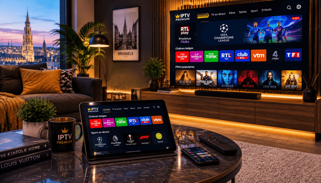 A visually compelling scene depicting a modern living room setting, highlighting a sleek television screen displaying vibrant IPTV content. In the foreground, a cozy couch adorned with soft cushions invites viewers in, while a stylish coffee table holds a multimedia remote and a bowl of snacks. The middle layer features a digital streaming device beside the TV, showcasing logos of popular channels available with premium IPTV subscriptions. The background reveals a well-lit room adorned with contemporary decor, featuring subtle plants and an inviting ambiance. Soft, warm lighting creates a welcoming atmosphere, and the angle captures the essence of relaxation and entertainment. Overall, the image conveys the appeal of choosing premium IPTV services in Belgium through engaging, family-friendly visuals. abonnement iptv premium